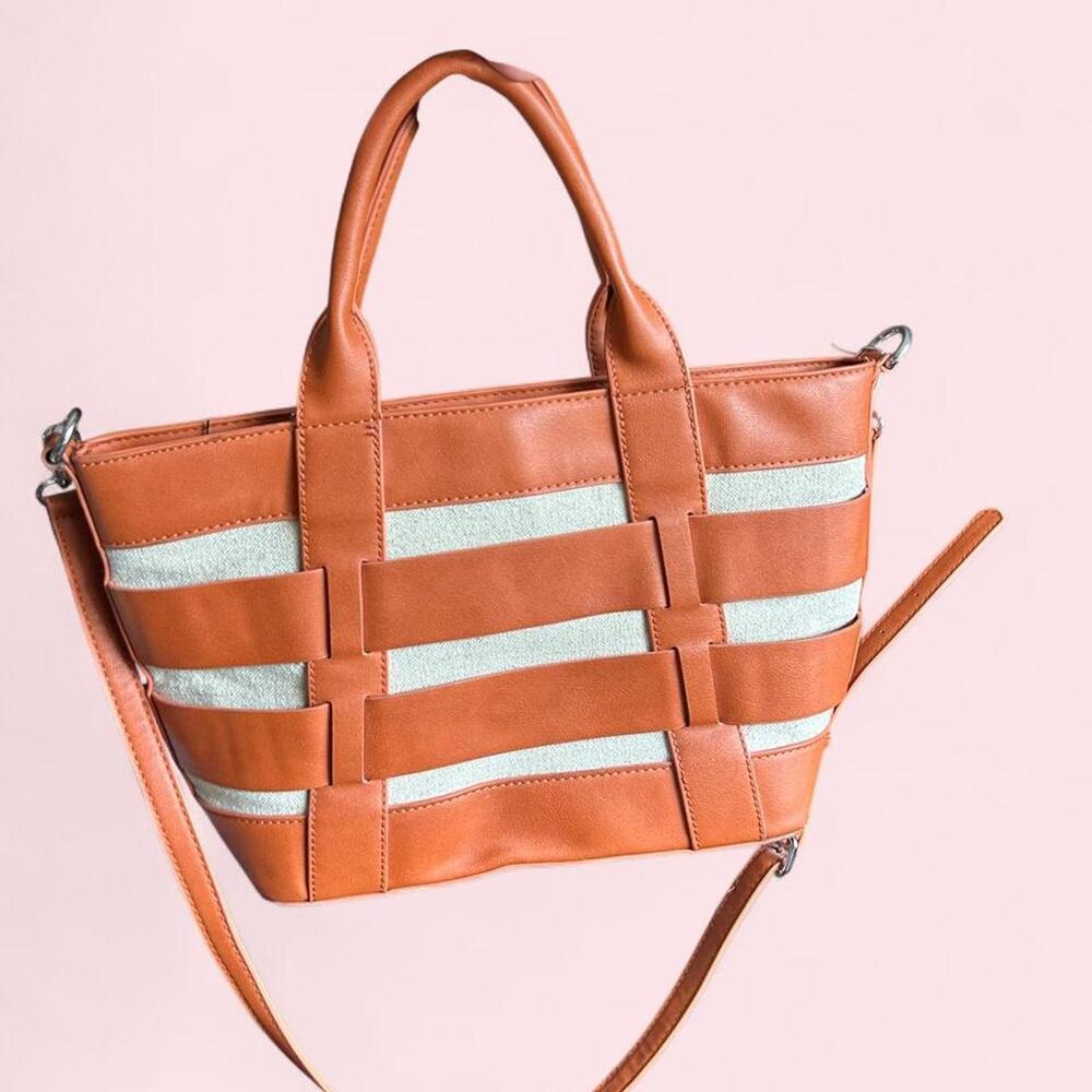 Miztique white canvas and orange leather woven tote bag with crossbody strap